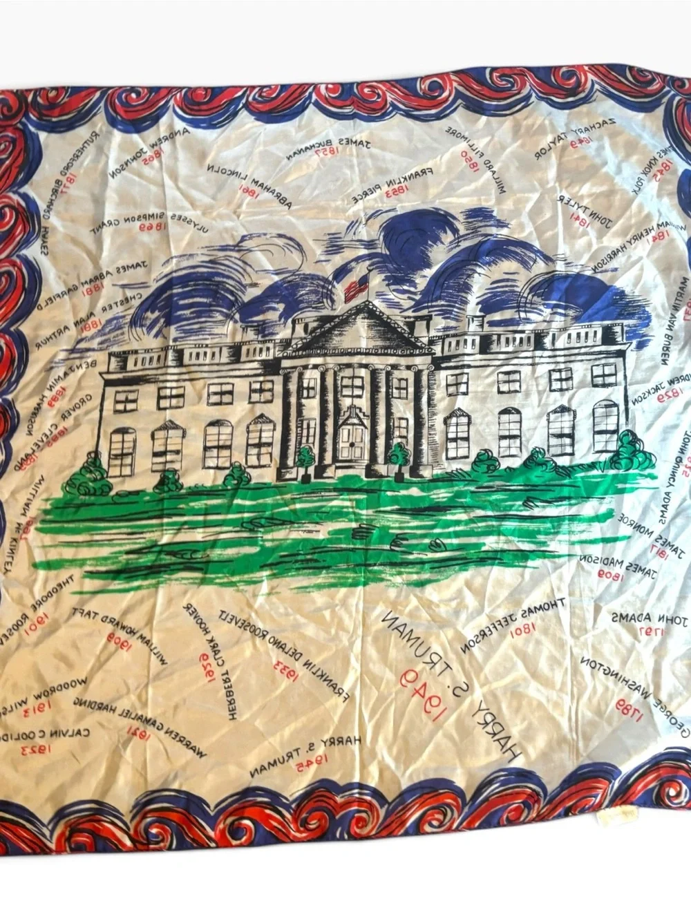 Vintage 1949 Pure Silk Scarf White House US Presidents Americana Novelty 29x29